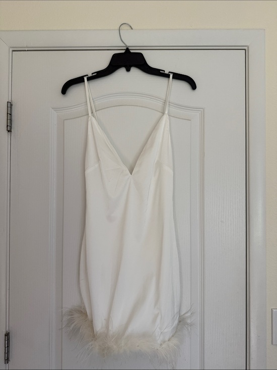 Peppermayo Dresses & Skirts - White Feather Trim Satin Mini Dress